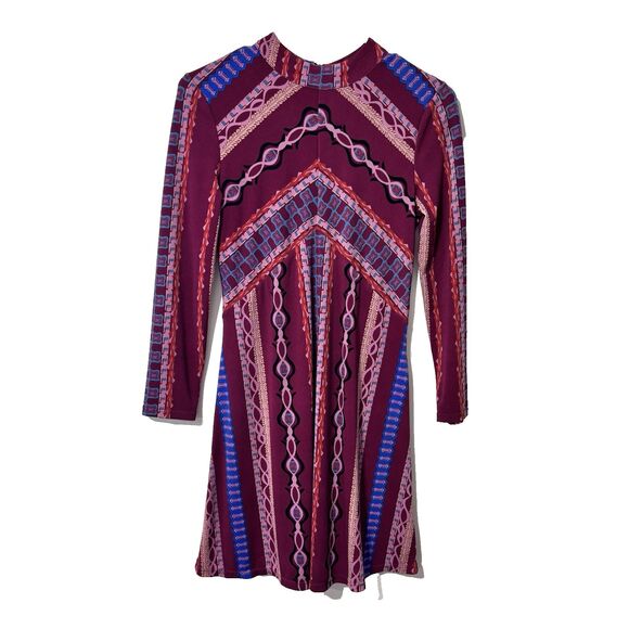 NWT Free People Purple Stella Mini Dress Small Mock Neck Tribal Print Bohemian - Picture 2 of 12